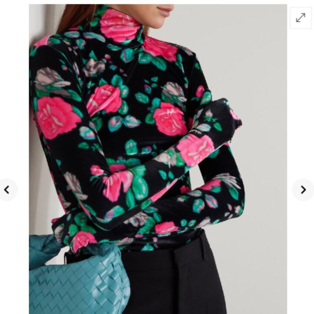 Richard Quinn Velvet Floral Rose Turtleneck Mock Neck Top Medium 8 Black Pink